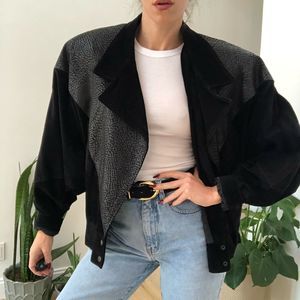 Vintage 80s black leather suede batwing sleeve jacket with shoulder pads